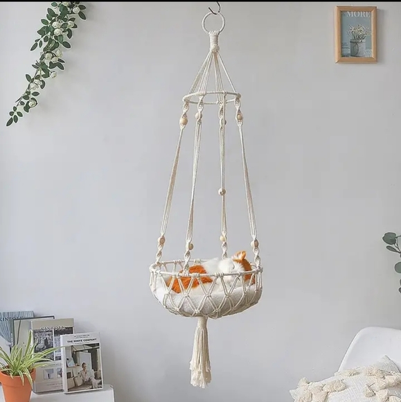 1 DAY SALE Macrame Hanging Cat Hammock Natural Woven Cotton Swing Bed Furniture - Picture 2 of 7